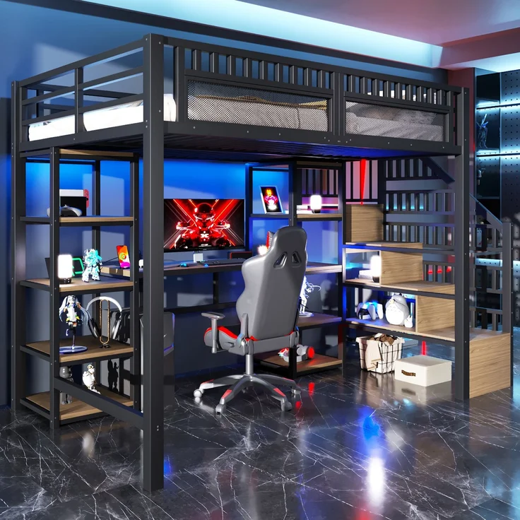EINHOM Hochbett, 140 x 200 cm, Eisenrahmen, Ablagefach, Leiter mit Stauraum, Schreibtisch, LED-Lichtleiste, USB-Anschluss Inklusive, Schwarz (Ohne Matratze) – Bild 1