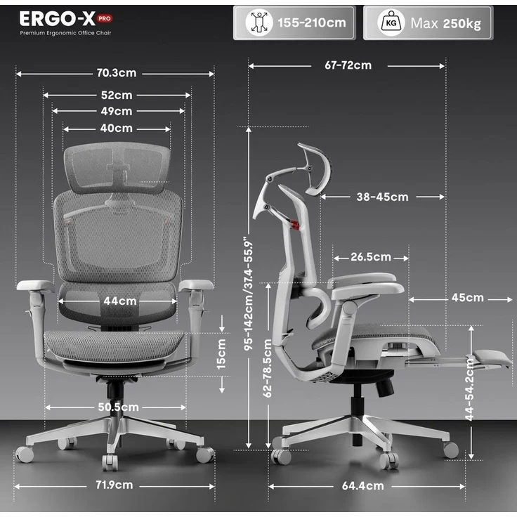 FLEXISPOT Bürostuhl ErgoX, Schreibtischstuhl Premium Ergonomischer (mit 7D-Armlehnen, 5D-Lendenstütze, 4D-Kopfstütze), Netzsitz Schreibtischstuhl mit Fußstütze, 250 kg Belastbarkeit – Bild 1