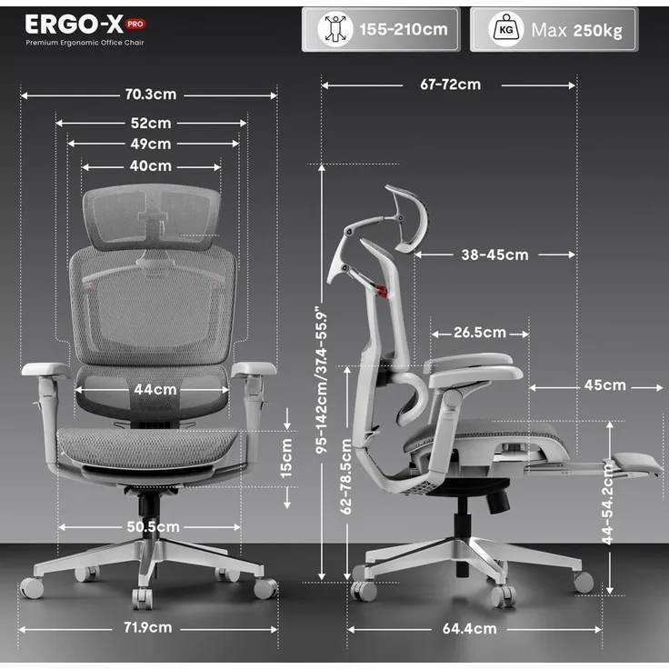 FLEXISPOT Bürostuhl ErgoX, Schreibtischstuhl Premium Ergonomischer (mit 7D-Armlehnen, 5D-Lendenstütze, 4D-Kopfstütze), Netzsitz Schreibtischstuhl mit Fußstütze, 250 kg Belastbarkeit