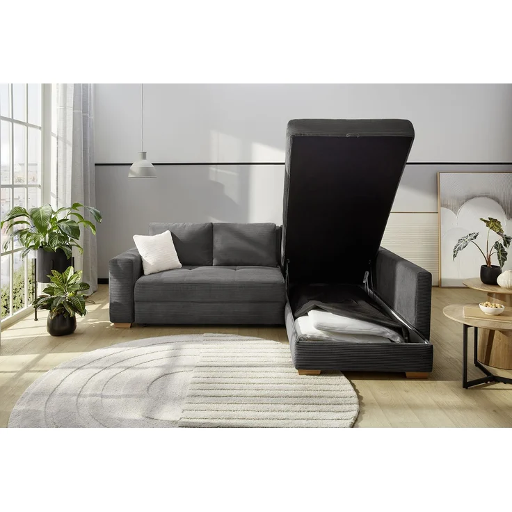 Ecksofa-Dauerschläfer Boxspring Federkerncouch Topper Stauraum Cord Grau Anthr. – Bild 3