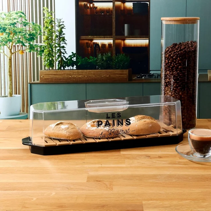 COOK CONCEPT, KA0644, Brotkasten mit transparentem Deckel und Holztablett, Elegantes Design zur optimalen Aufbewahrung von Brot und Gebäck – 403 x 97 x 121 cm, transparent schwarz – Bild 6