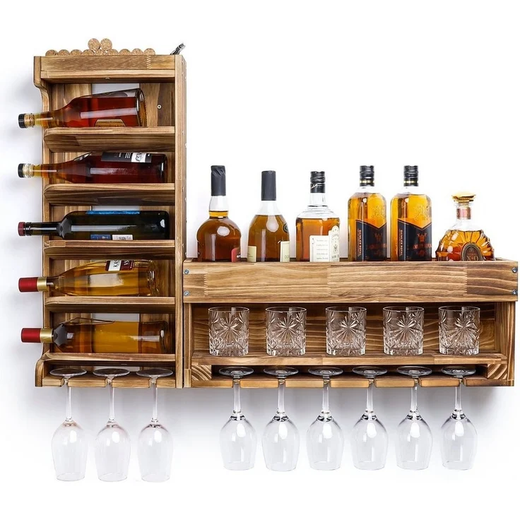 Yorbay Weinregal Weinregal aus Holz, Wandbar mit Korkhalter, Holzregal für Weingläser, Whiskygläser, Wandmontage Wand Flaschenhalter Vintage Stil für Hausbar – Bild 5
