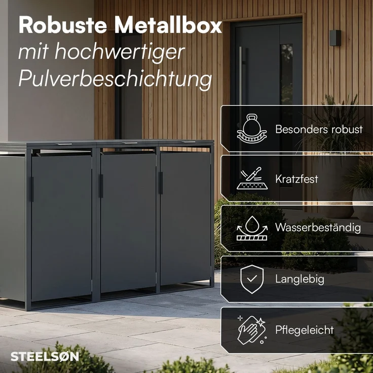 STEELSØN 'Thoria' Mülltonnenbox 3er je 120 Liter, anthrazit, Mülltonnenverkleidung aus Stahl, wetterfest, 102x62x177,5 cm, Müllbox für 3 Tonnen – Bild 4