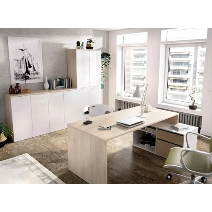 Dmora - Gardena-Schreibtisch, Schreibtisch mit Mehreren Positionen für das Büro oder Schlafzimmer, Mehrzweck-Ecktisch, 139 x 92 x 75 cm, Weiß und Eiche – Bild 5