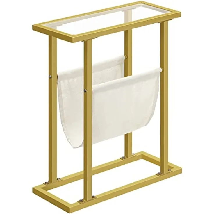 HOOBRO Beistelltisch, Schmaler Betttisch, Schmaler Couchtisch aus gehärtetem Glas, Kompakter Tisch mit Zeitungsständer, Sofatisch für Wohnzimmer, Schlafzimmer, Goldfarben EGD78BZ01