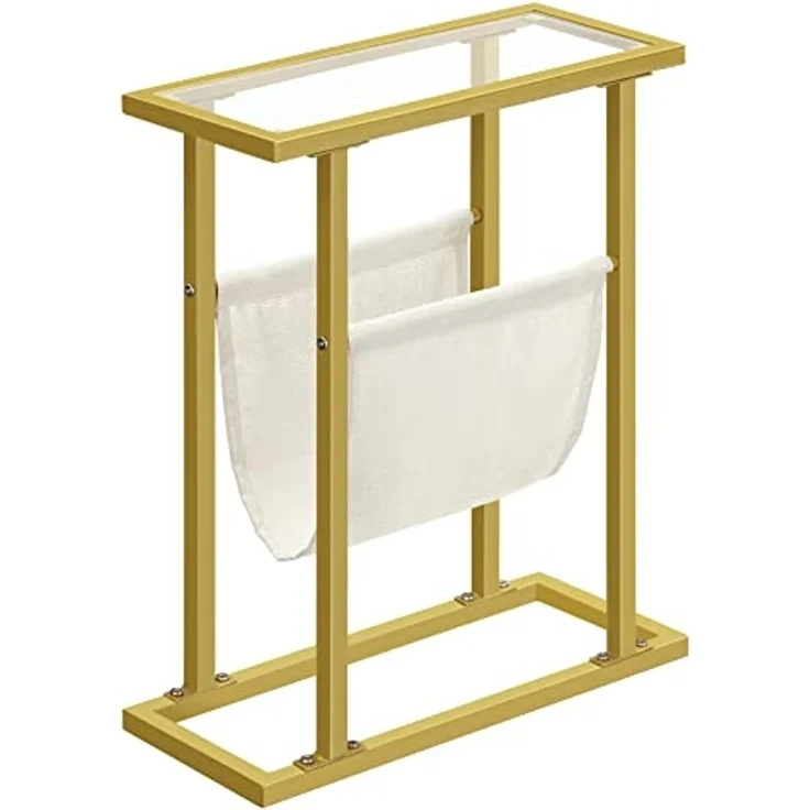 HOOBRO Beistelltisch, Schmaler Betttisch, Schmaler Couchtisch aus gehärtetem Glas, Kompakter Tisch mit Zeitungsständer, Sofatisch für Wohnzimmer, Schlafzimmer, Goldfarben EGD78BZ01 – Bild 1