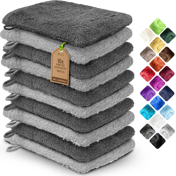 NatureMark 10x Waschhandschuhe aus Frottee 100% Baumwolle – Weich und Robust, Ideal für die tägliche Pflege und Gäste – Anthrazit/Silber, 15x21 cm
