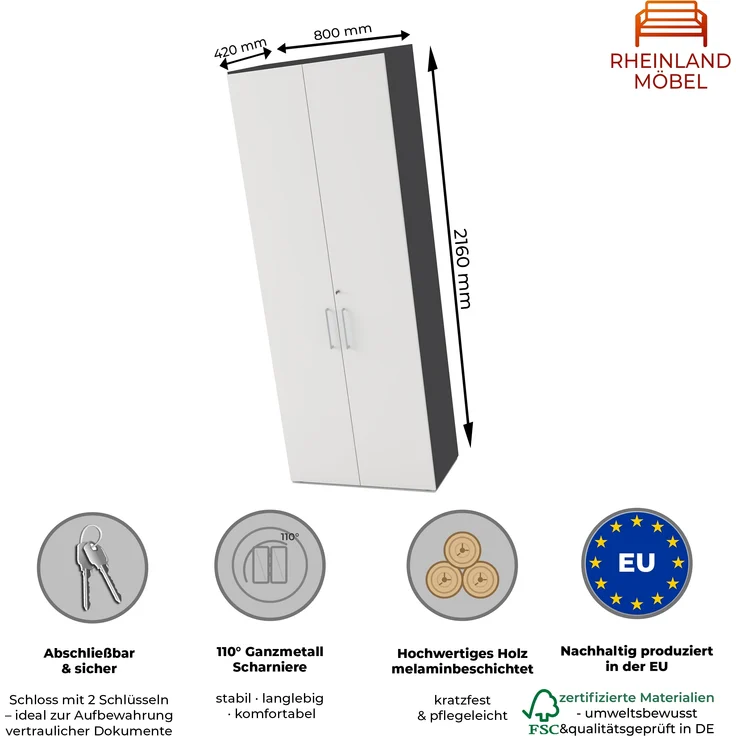Rheinland Möbel Flügeltürenschrank Cabino 80×42×216 cm – abschließbarer Aktenschrank 6OH in Graphit/Grau mit 110° Drehtüren & Metallgriff – Bild 2
