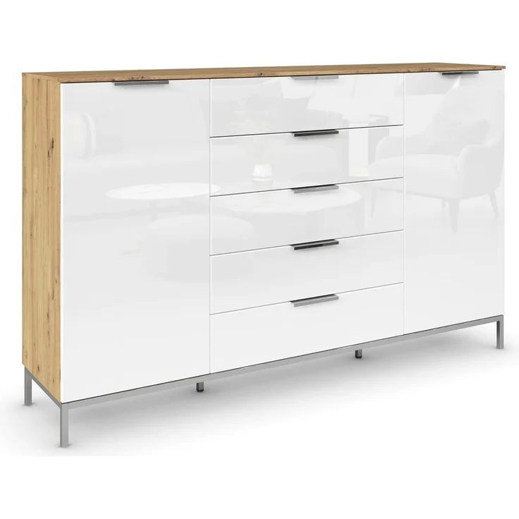 Rauch Möbel Flipp, Kommode mit Stauraum für Wohnzimmer, Schlafzimmer, 4 Fachböden, mit Metallkufe chrom, Eiche Artisan/Glasfront Weiß, 2-türig, Glastüren, 5 Schubkästen, Griffe chrom, 180 x 111 x 42 cm