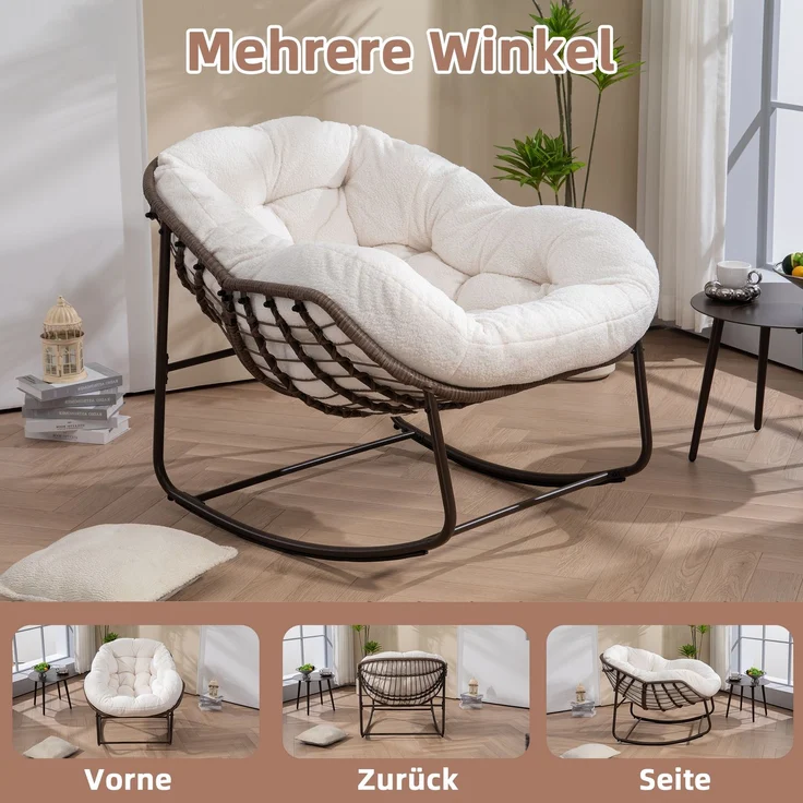 LVHOM Schaukelstuhl mit gepolstertem Kissen, Rattanstuhl mit Stahlrahmen, Lounge Sessel, Schaukelsessel, 1 St, für Balkon/Garten/Wohnzimmer/Schlafzimmer – Bild 8