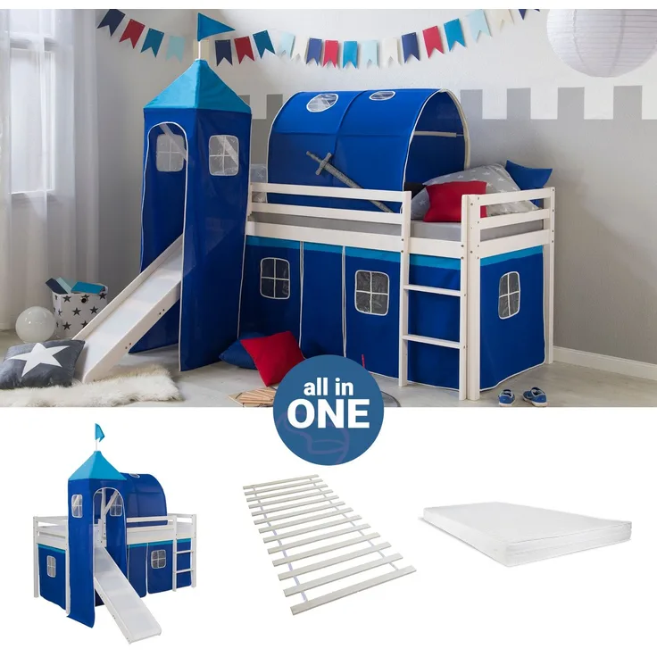 Hochbett mit Matratze 90x200 cm Turm Tunnel Rutsche Stockbett Kinderbett Leiter Holz Kiefer Vorhang blau Lattenrost