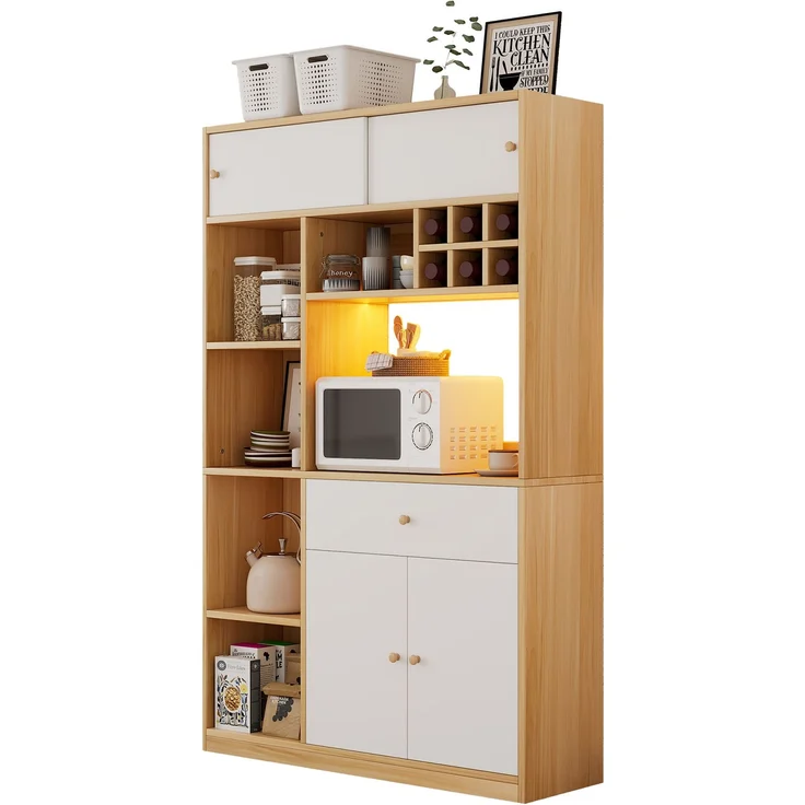 ZUBALIYA Buffetschrank 115x35x180 cm, mit LED-Beleuchtung, aus Spanplatte, Weiß / Natur – Bild 21