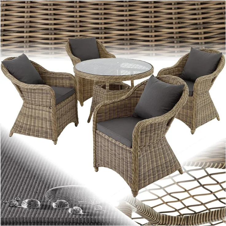 tectake® Sitzgruppe, Rattan Gartenmöbel Set, 1x Tisch und 4X Stuhl, Möbel wetterfest als Lounge im Wintergarten, Balkonmöbel, Gartensessel, Terrassenmöbel - Natur