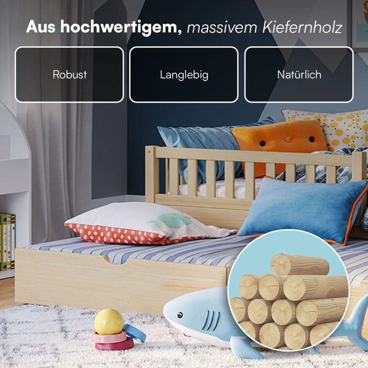 Bellabino 'Vils' Kinderbett 90x200 cm mit Gästebett 90x190 cm, natur, Kiefer Massivholz, Montessori Bett mit Ausziehbett, mit abnehmbarem Rausfallschutz und Lattenrost – Bild 5