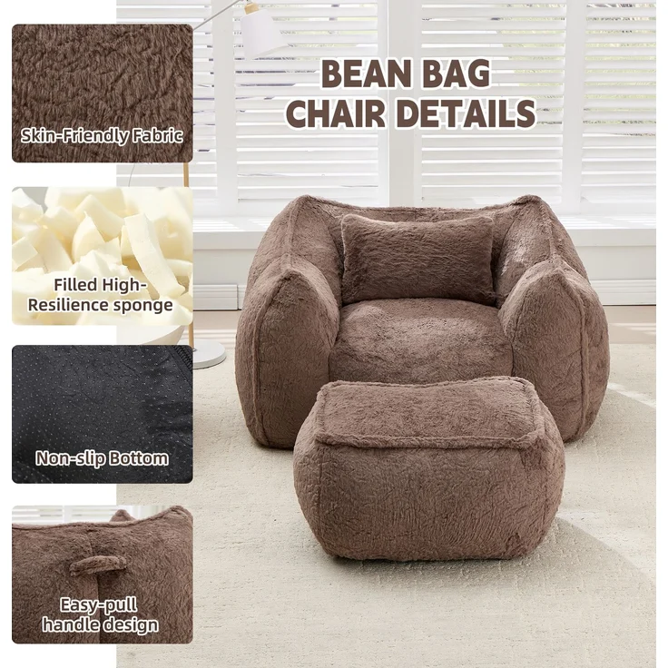 Riesiger Sitzsack für Erwachsene und Kinder, Sitzsack-Sofa mit Kunstfellbezug, Kissen und Hocker, bequemes Lese- und Spielsofa für Schlaf- und Wohnzimmer, Khaki--khaki--123x157x73cm--YOUDENOVA – Bild 4