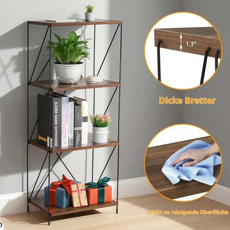 BlingBin Bücherregal 4-stufiges Vintage Standregal Mehrstufen-Aufbewahrungsregal, 1 Stück 1-tlg, freistehendes Regal aus Metall & Holz,für Schlafzimmer,Wohnzimmer,Büro – Bild 3