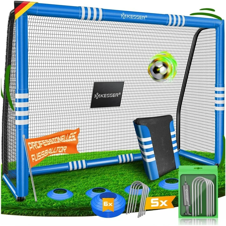 KESSER® Fußballtor für Garten robustes Outdoor Training Schusstraining UV-beständigem Netz, Stahlrahmen mit Polsterung, Erdhaken, Luftpumpe, Hüttchen, Montagezubehör für Kinder und Erwachsene Blau, 180cm, Ohne Torwand – Bild 5