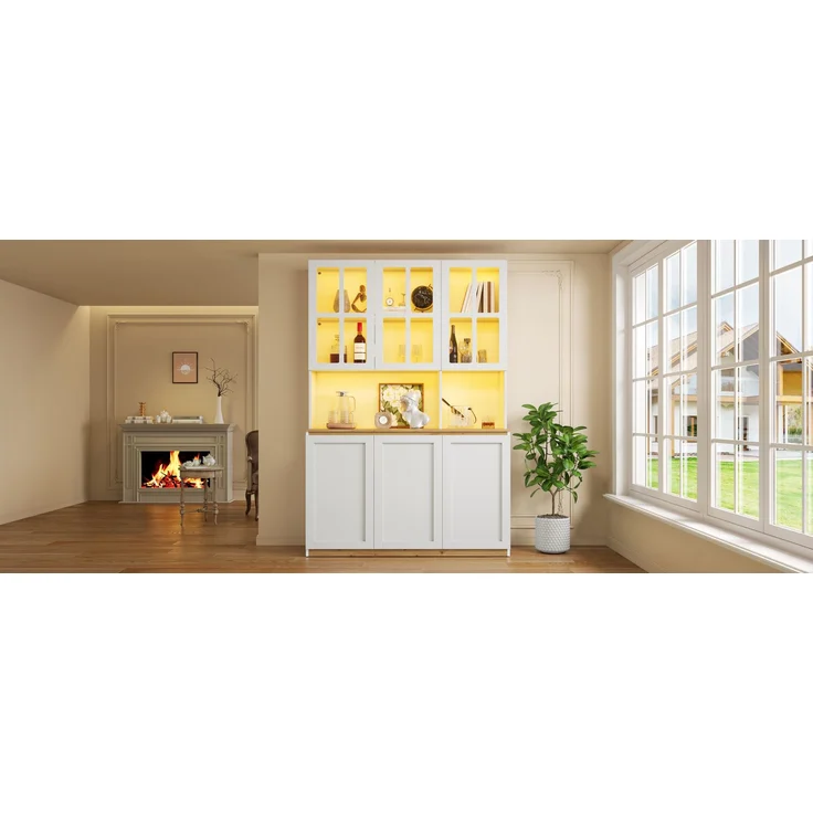 ZUBALIYA Vitrinenschrank 120x200cm, Buffetschrank mit LED-Beleuchtung, Küchenschrank mit Glasrahmentüren, Weiß mit Holzoptik, großer Wohnzimmerschrank als Barschrank, Geschirrschrank und Aufbewahrungsschrank – Bild 17