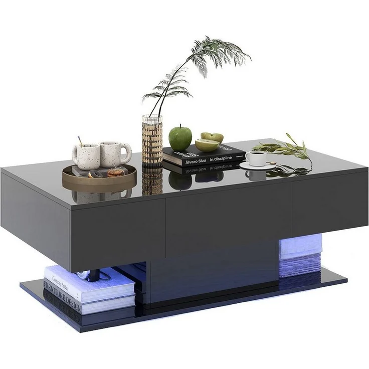 COSTWAY Couchtisch, LED, Hochglanz, 20 Farbeneinstellbar mit Stauraum schwarz – Bild 1