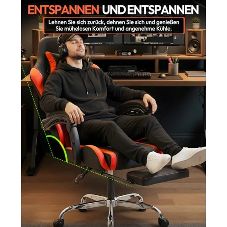 Dowinx Gaming Stuhl Bürostuhl Massage Gaming Sessel mit höhenverstellbaren Linkage-Armlehnen, ergonomischer Gamer Stuhl mit Fußstütze, gepolstert Gaming Chair 150° neigbar bis 180 kg, Rot – Bild 8