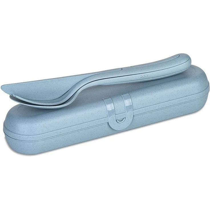 Koziol Besteck Etui + Besteckset Klikk Ready, Biozirkulärer Kunststoff, Nature Flower Blue, 7070716