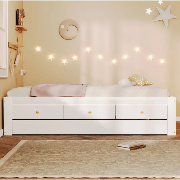 Holzbett 140x200 cm in Weiß mit 3 Schubladen und ausziehbarem Gästebett – Ohne Matratze – Bild 3