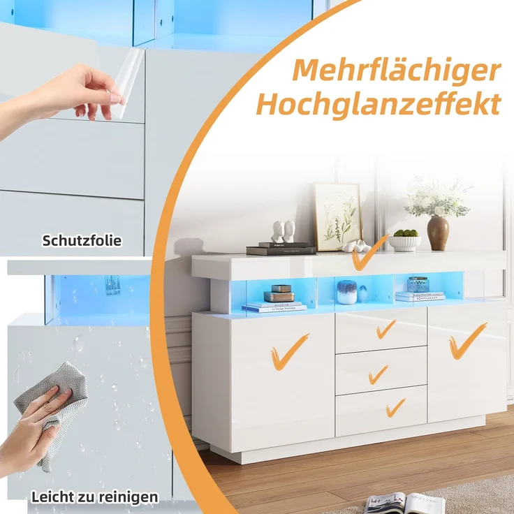 ZUBALIYA Sideboard 140x35x80 cm, mit LED-Beleuchtung, Hochglanz, aus Spanplatte, Weiß – Bild 16