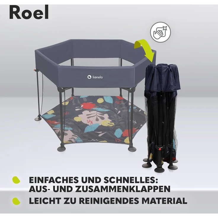 LIONELO Roel Laufstall Baby bis zu 15 kg, Großformat 135x85 cm, sechseckige Form, LockGuard Faltschloss, verstärkte Basis, rutschfeste Fußkappen, Schutztasche – Bild 3