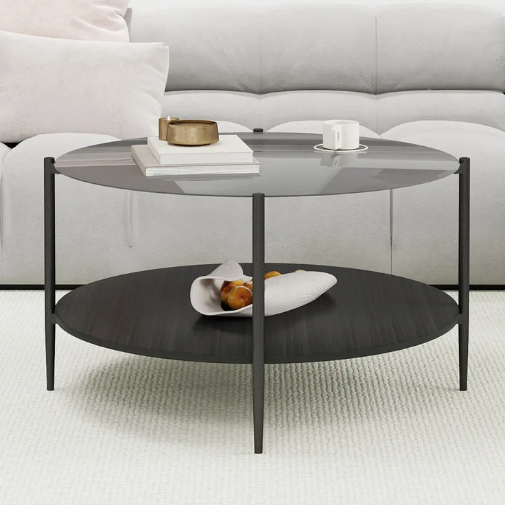 Couchtisch 82 x 82 x 45 cm, mit runder Tischplatte, mit Glastischplatte, aus Glas und Eisen und Holz, Schwarz – Bild 8