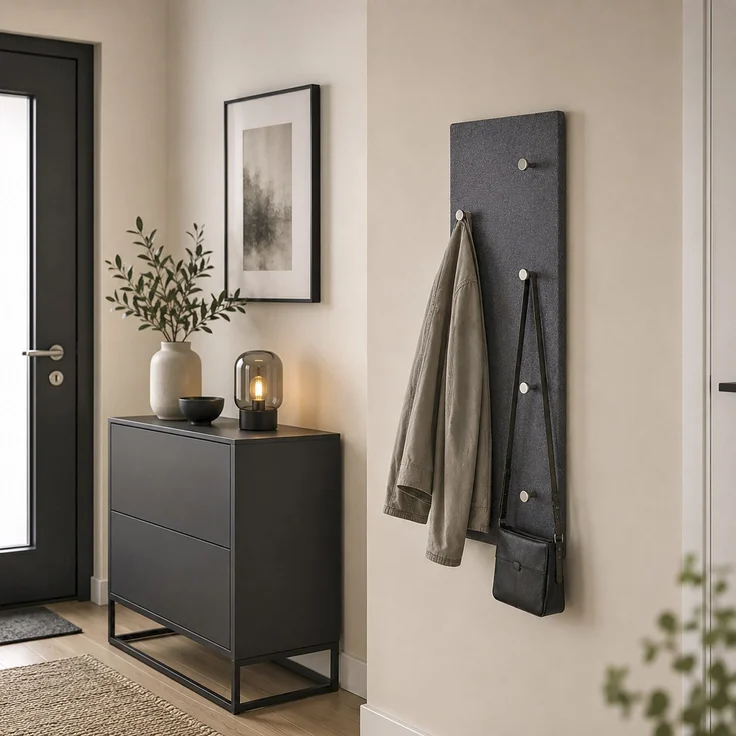Haku Wandgarderobe mit 7 Haken in Granitoptik Anthrazit, Garderobenknöpfe in Chrom, MDF-Korpus, Hoch- und Querformat, 80x6x30 cm – Bild 2