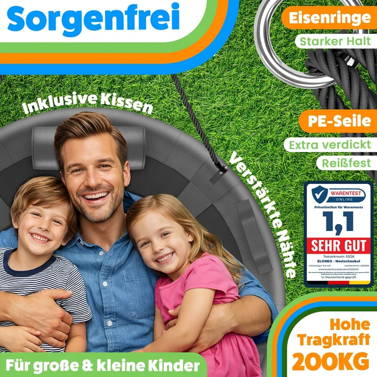 ELONEO Nestschaukel Outdoor & Indoor mit 90 oder 120 cm Durchmesser, Tellerschaukel, höhenverstellbare Hängeschaukel inkl. Kissen, Griffen und Zubehör-Set, Schwarz - 90cm – Bild 4