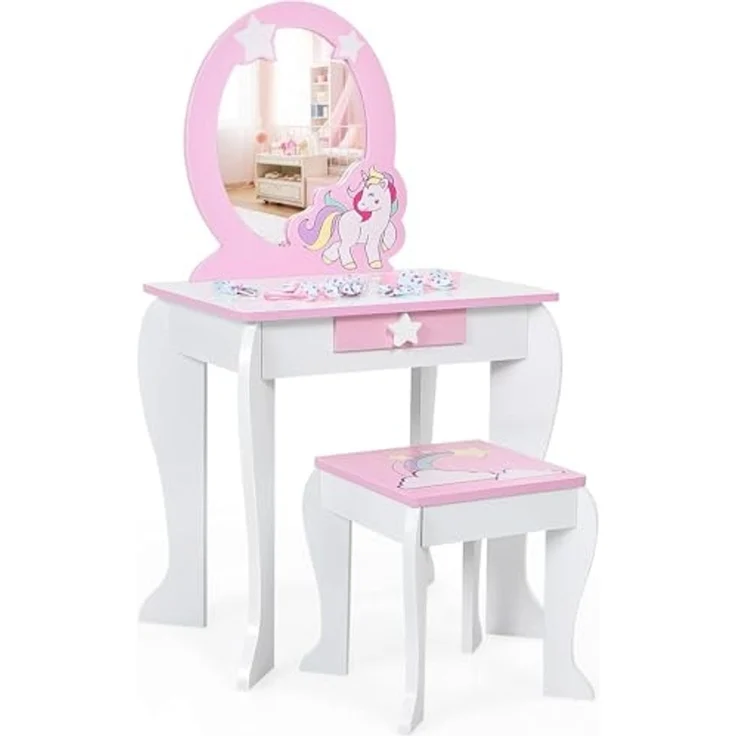 FANTASK Kinderschminktisch mit Schublade und abnehmbarem Spiegel, Prinzessinnenschminktisch mit Hocker, rosa und weißer Schminktisch für Mädchen von 3-7 Jahren – Bild 1
