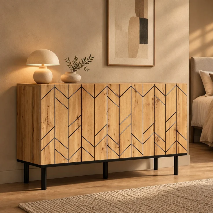 DESVIAE Sideboard Naturholz aus Spanplatte – 120x70x35 cm – 3 Türen, Wellenmuster – Bild 2