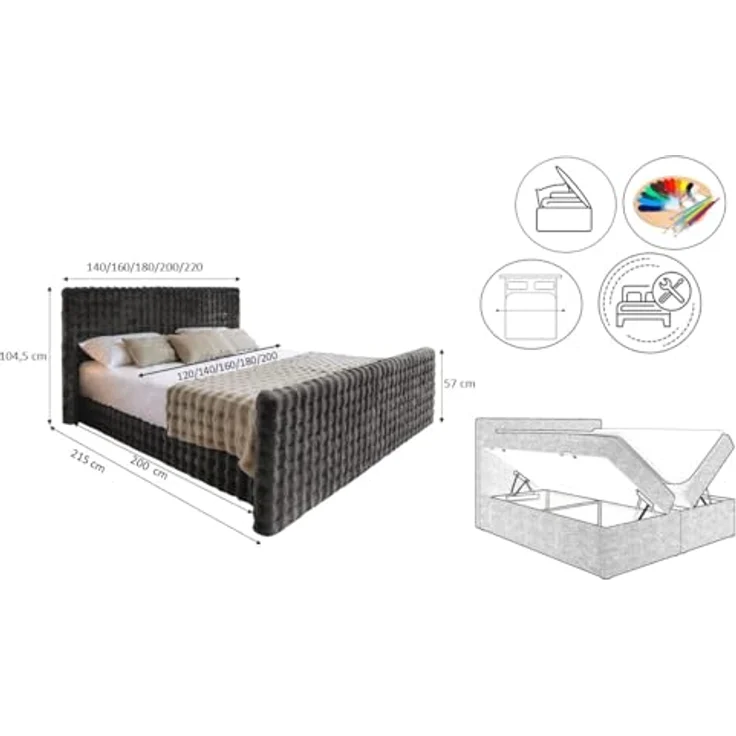 Kaiser Möbel Boxbett Blanket, Boxspringbett mit Doppeltem Bettkasten, Graphit, 200x200 cm, H3 Matratzen, Komfort-Topper – Bild 2