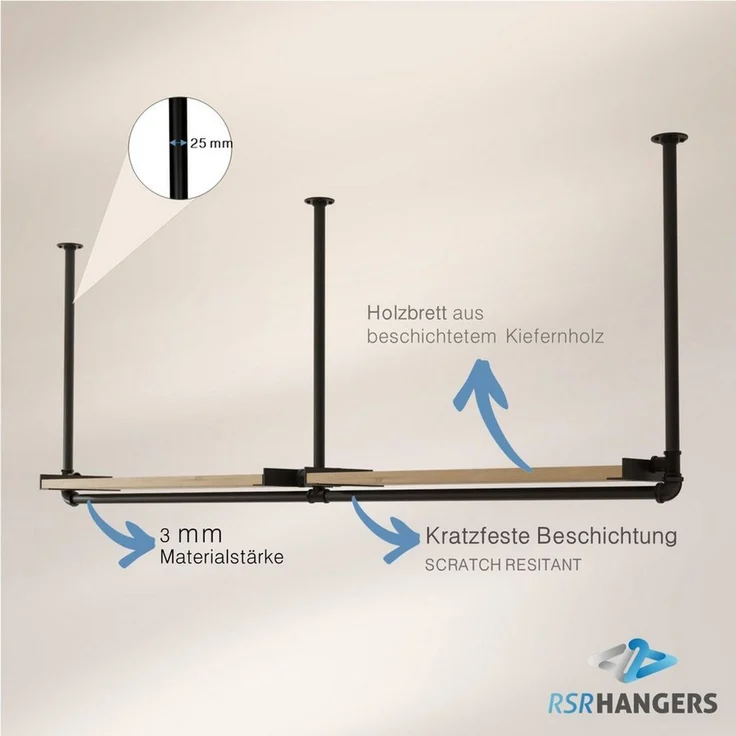 RSR Hangers Garderobenstange Kleiderstange Garderobe "DIEK II" mit Kiefernholablage Deckenmontage – Bild 4
