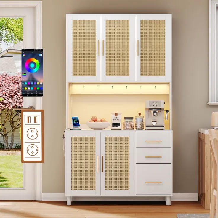 183cm Küchenanrichte, Buffet, App-gesteuerte LED-Deko-Lichter, 2 x USB, 2 x Steckdosen, verstellbare Einlegeböden, 3 Schubladen, goldene Metallgriffe, ideal für Küchen und Esszimmer.