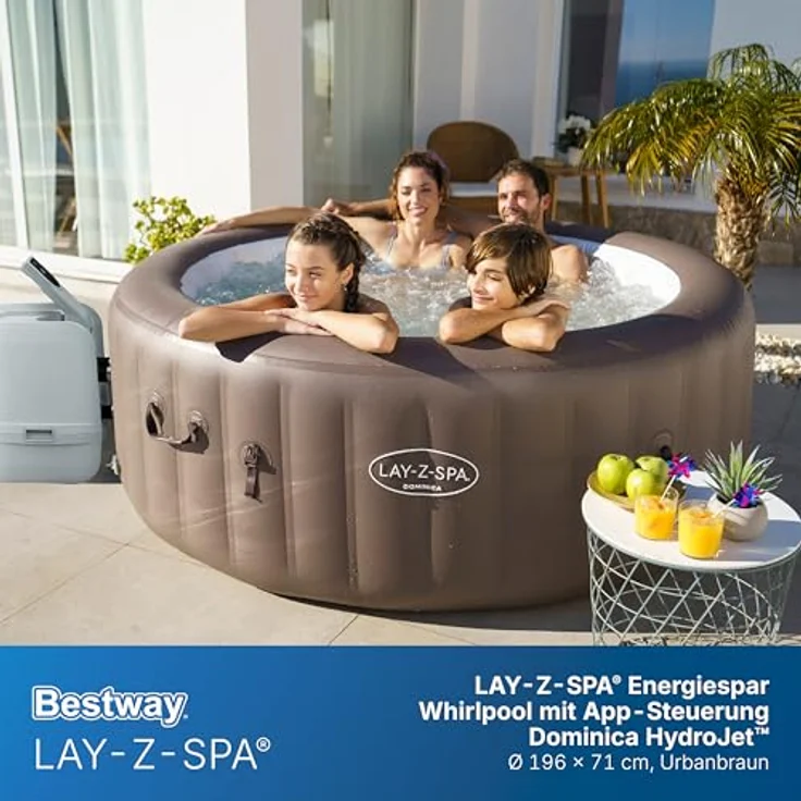 Bestway Lay-Z-SPA Whirlpool Dominica HydroJet, Ø 196 x 71 cm, 6 Personen, Heizung, Frostwächter, 4 HydroJet-Düsen, 140 AirJet-Düsen, App-Steuerung, Thermo-Abdeckung, Energieeffizient, Urbanbraun – Bild 3