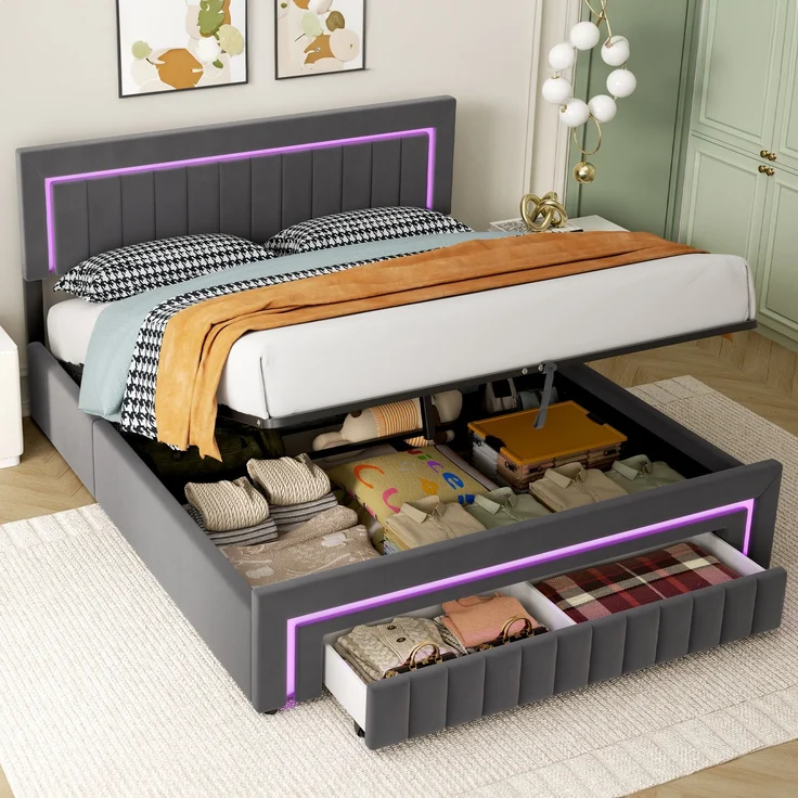 Polsterbett 160x200 cm mit LED-Beleuchtung, Samtbezug und Schubladen, Dunkelgrau – Ohne Matratze – Bild 5