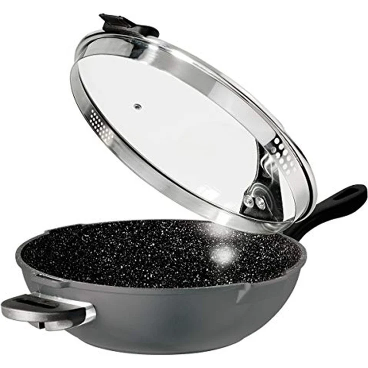 STONELINE Wok, Aluminium (Set, 2-tlg, 1 Wok, 1 Sieb-Glasdeckel, 1 langer Griff, 2 kurze Griffe), mit echten Steinpartikeln, induktionsgeeignet, Designed in Germany – Bild 3