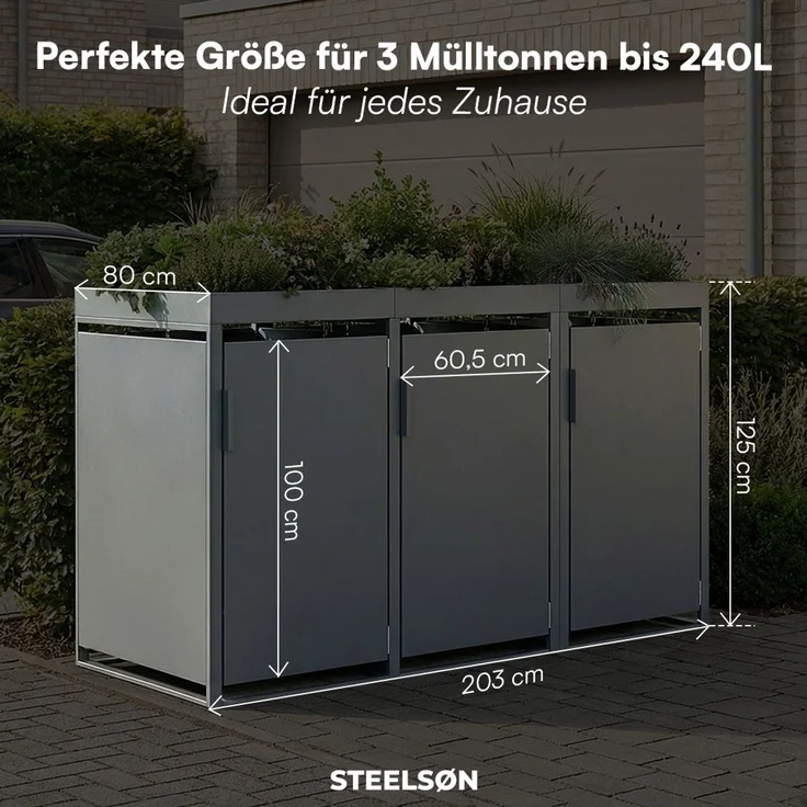 STEELSØN 'Thoria' Mülltonnenbox 3er je 240 Liter, anthrazit, Mülltonnenverkleidung aus Stahl, wetterfest, 125x80x203 cm, Müllbox mit Pflanzendach für 3 Tonnen – Bild 8
