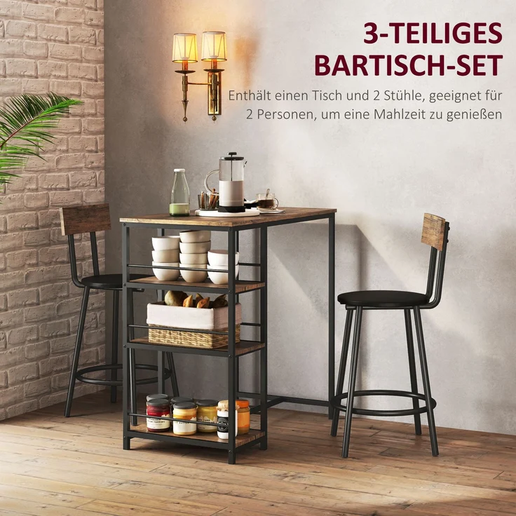 Bartisch-Set 90x50x90,5 cm in Eiche mit Stahlgestell, 2 gepolsterten Barhockern und 3 Ablagen – Bild 8
