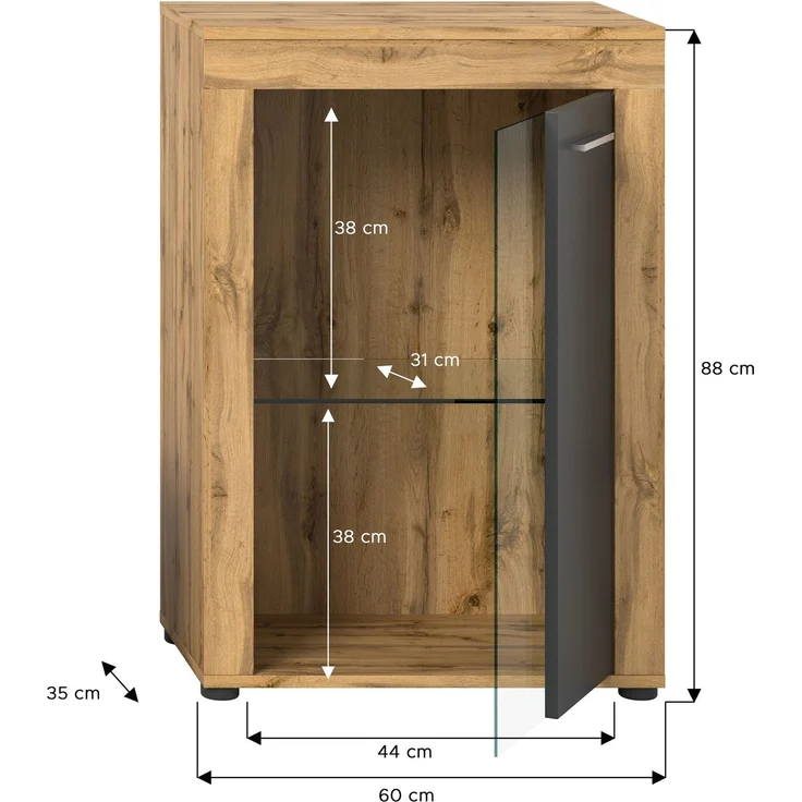 xonox. home Wohnen Jam X8BN1T40 Vitrine Glasvitrine Dekoschrank Glas-Kommode in Wotan Eiche Melamin/grau Nachbildung, ca. B/H/T: 600 x 86 x 35 cm – Bild 7