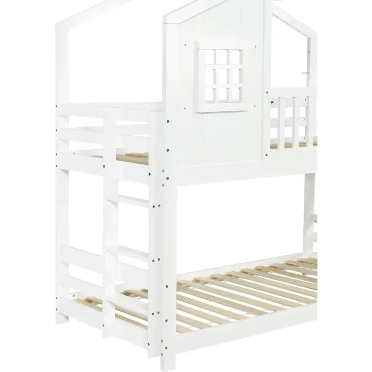 Etagenbett mit 2 Liegeflächen, Lattenrost, Rausfallschutz und Rutsche, 90x200cm, Hausbett, Spielbett, Kinderbett, Kiefer – Bild 10