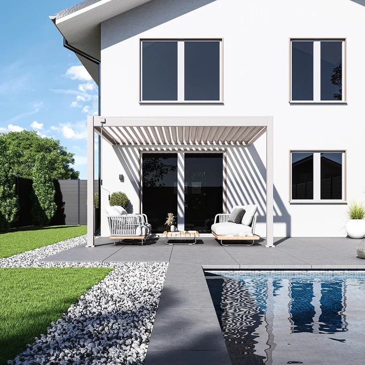 Weide Deluxe | Wand Pergola | Voll Aluminium | 3 x 3,6 M | Lamellendach Ivory Sand – Bild 2