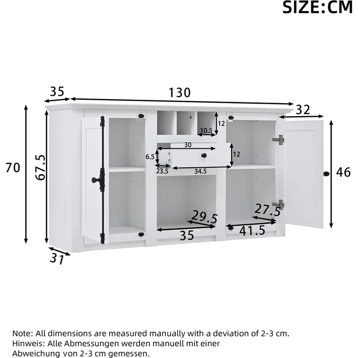 Sideboard 130 cm Weiß mit 2 Türen, 1 Schublade, Weinregal, Kommode für Wohnzimmer, Anrichte mit Stauraum und Präsentationsfläche – Bild 8