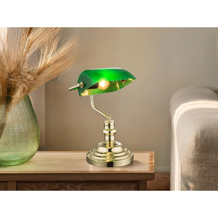 Retro LED Schreibtischleuchte Messing mit Glasschirm Grün, Höhe 36cm – Bild 1