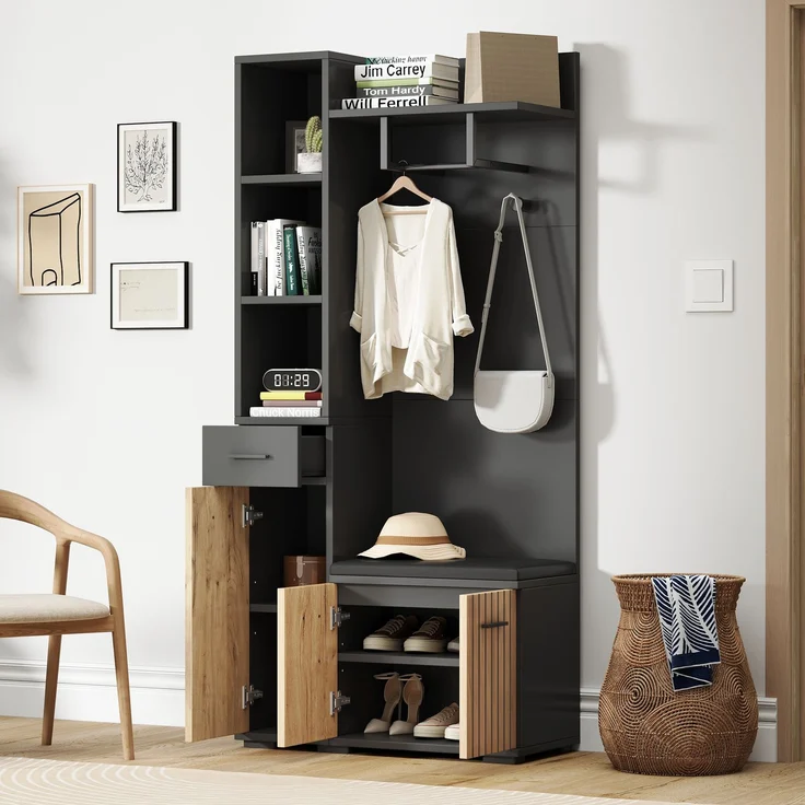 Garderoben-Set 80x35x175 cm mit Sitzbank, 2 Schränken und verstellbaren Böden – Bild 1