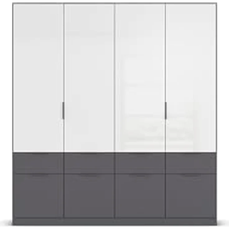 Rauch Möbel Aberdeen, Drehtürenschrank, Kleiderschrank, Garderobe, 4-türig, 8 Schubladen in Absetzung Grau metallic, Schwarz, Farbe Grau metallic/Hochglanz weiß, Griffe Grau metallic, 181 x 197 x 54 cm – Bild 10