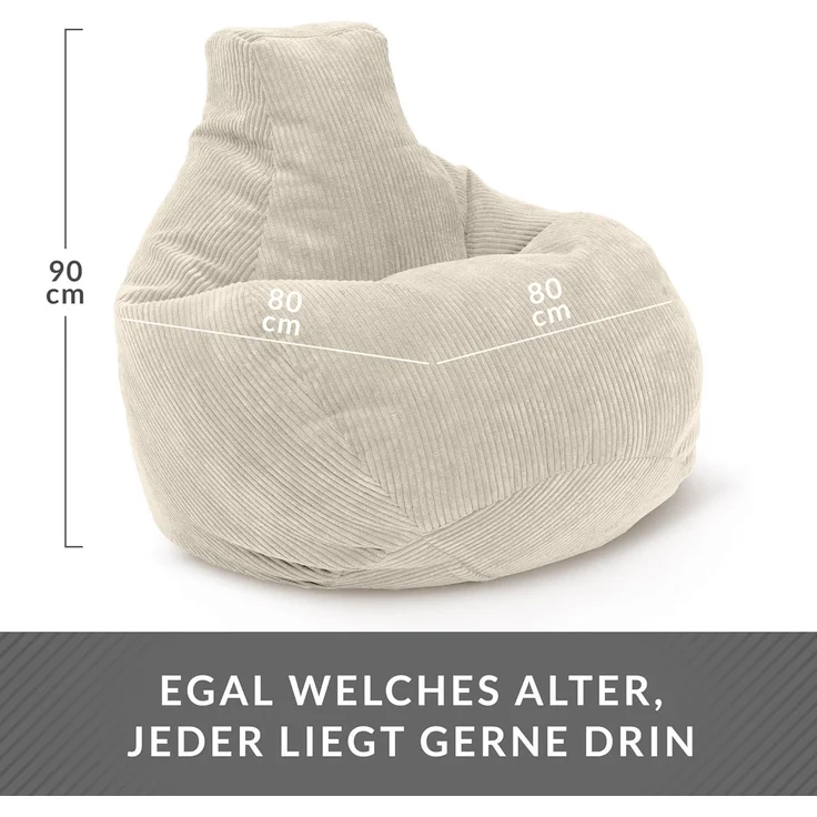 Green Bean® Sitzsack mit Rückenlehne 80x80x90cm - Gaming Chair mit 230L Füllung Cordstoff - Bean Bag Bodenkissen Lounge Sitzhocker Relax-Sessel Gamer Gamingstuhl Beige – Bild 2