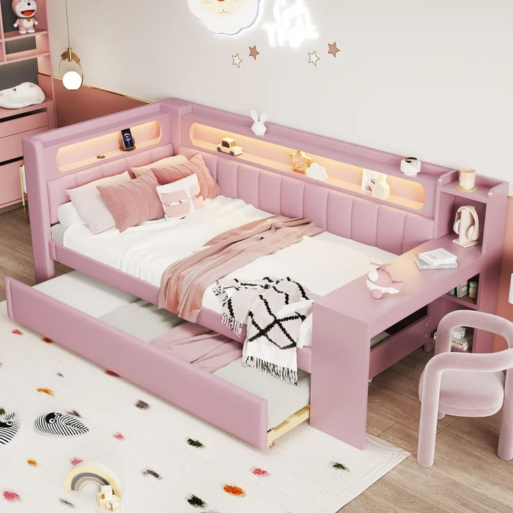 U-life Gepolstertes Tagesbett 90x200 cm mit Ausziehbett, Schreibtisch, USB-Ladestation und LED-Beleuchtung, Rosa – Bild 4